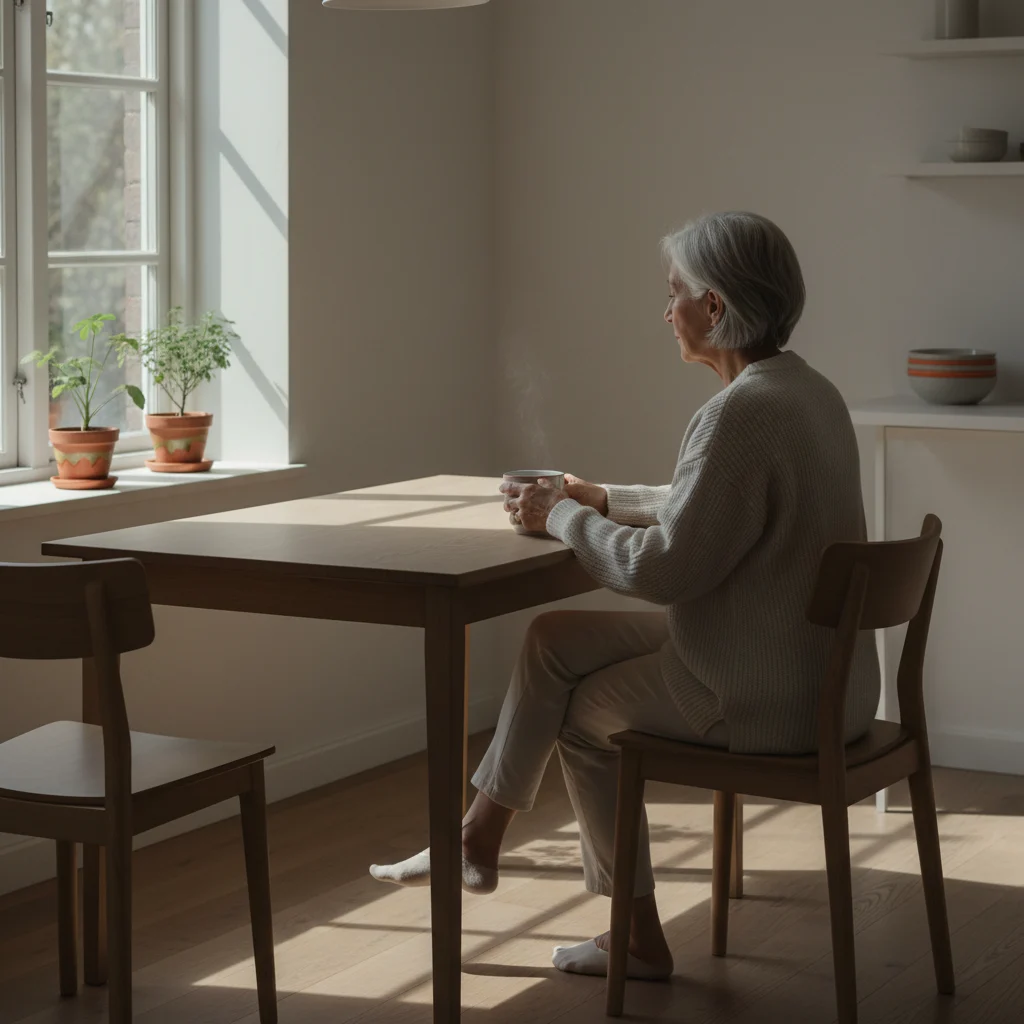 Äldre person vid köksbordet med kaffekopp